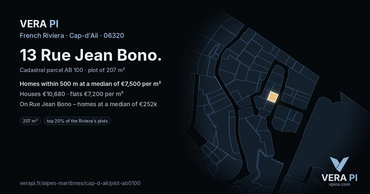 13 Rue Jean Bono, Cap-d'Ail at night – the plot lit, the parcels around coloured by the prices near them