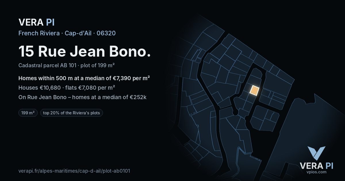 15 Rue Jean Bono, Cap-d'Ail at night – the plot lit, the parcels around coloured by the prices near them