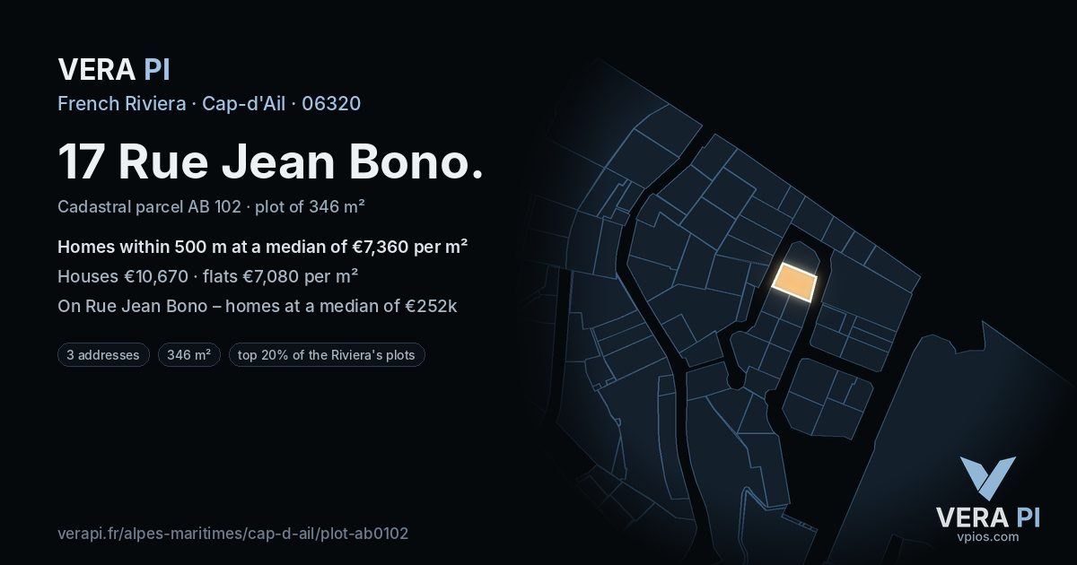 17 Rue Jean Bono, Cap-d'Ail at night – the plot lit, the parcels around coloured by the prices near them