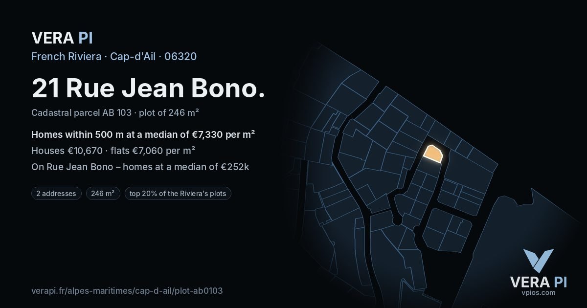 21 Rue Jean Bono, Cap-d'Ail at night – the plot lit, the parcels around coloured by the prices near them