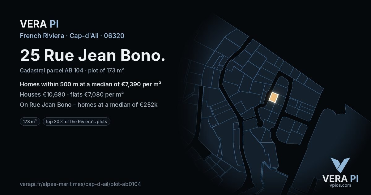 25 Rue Jean Bono, Cap-d'Ail at night – the plot lit, the parcels around coloured by the prices near them