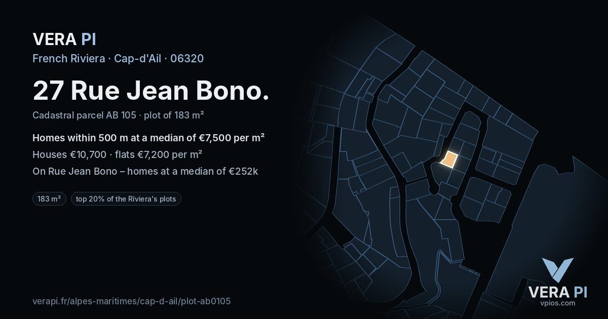 27 Rue Jean Bono, Cap-d'Ail at night – the plot lit, the parcels around coloured by the prices near them