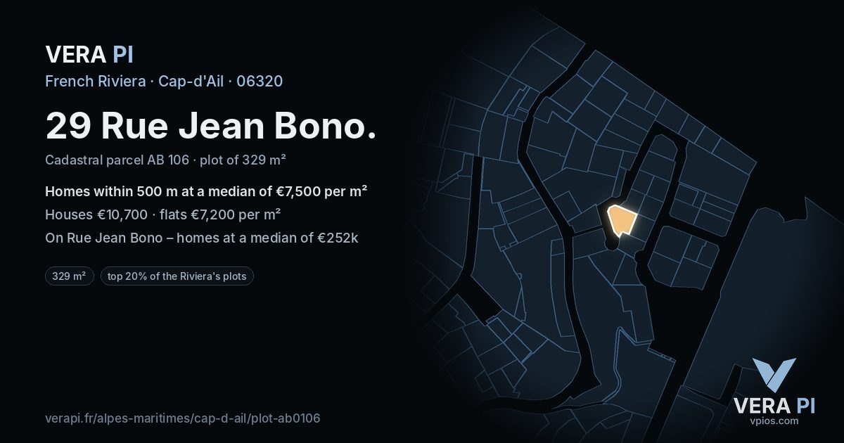 29 Rue Jean Bono, Cap-d'Ail at night – the plot lit, the parcels around coloured by the prices near them
