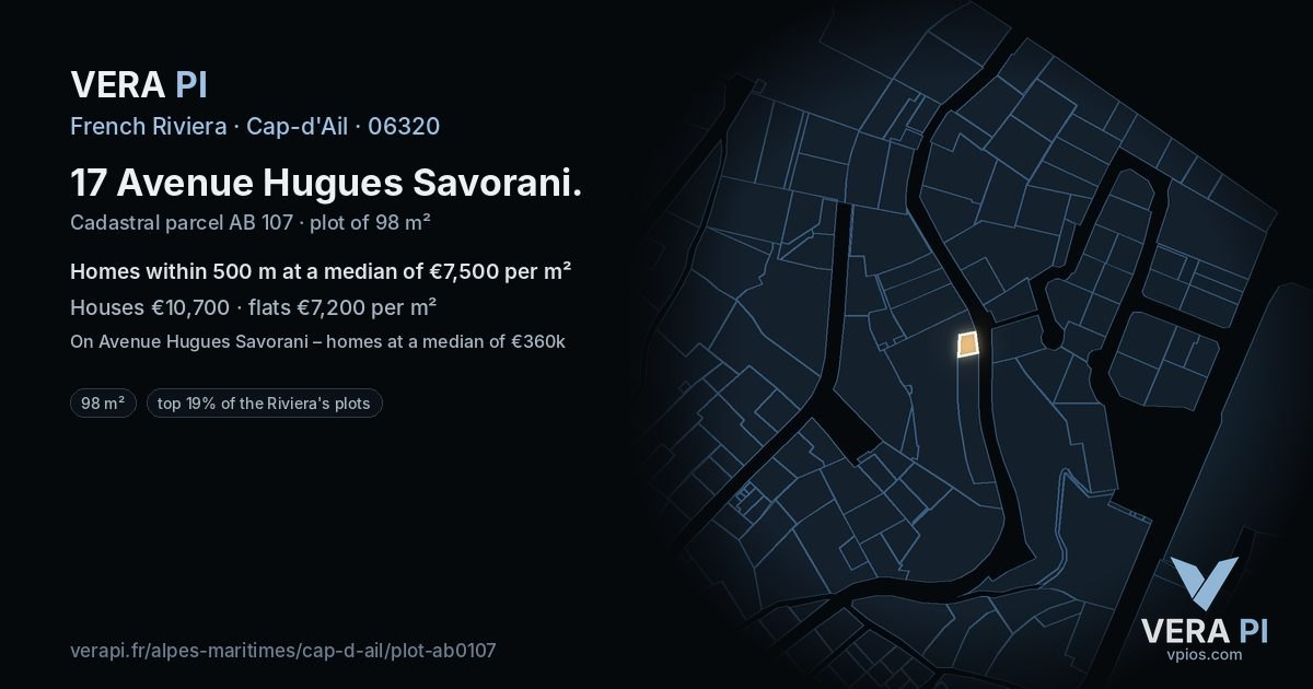 17 Avenue Hugues Savorani, Cap-d'Ail at night – the plot lit, the parcels around coloured by the prices near them
