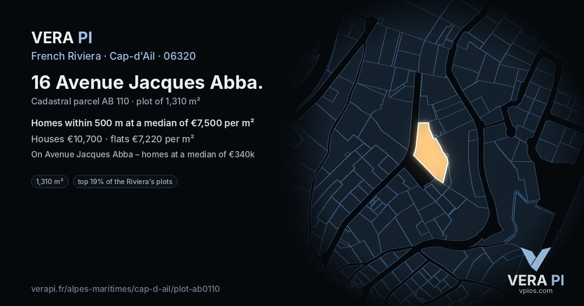 16 Avenue Jacques Abba, Cap-d'Ail at night – the plot lit, the parcels around coloured by the prices near them