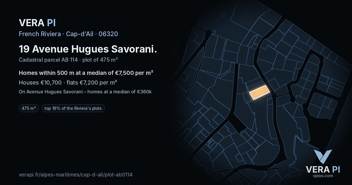 19 Avenue Hugues Savorani, Cap-d'Ail at night – the plot lit, the parcels around coloured by the prices near them