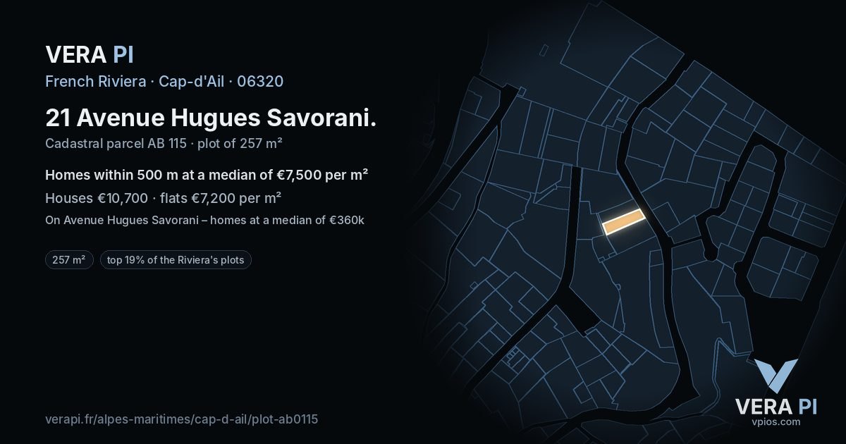 21 Avenue Hugues Savorani, Cap-d'Ail at night – the plot lit, the parcels around coloured by the prices near them