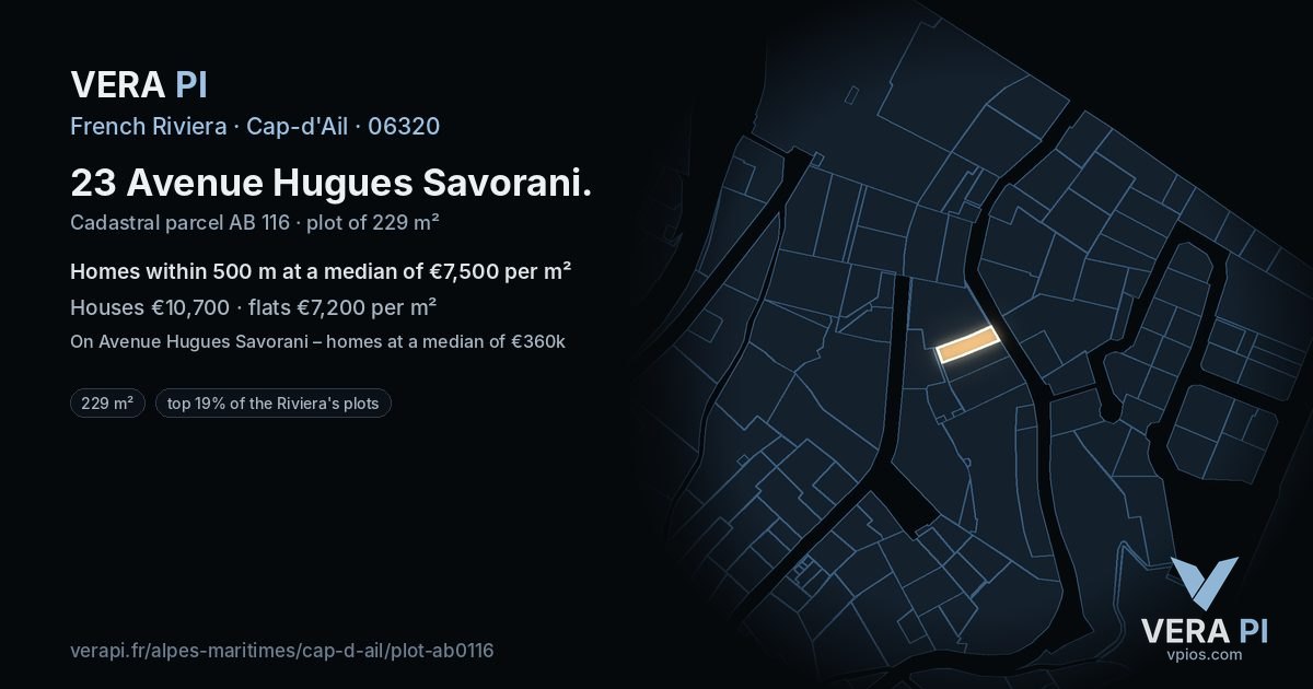 23 Avenue Hugues Savorani, Cap-d'Ail at night – the plot lit, the parcels around coloured by the prices near them