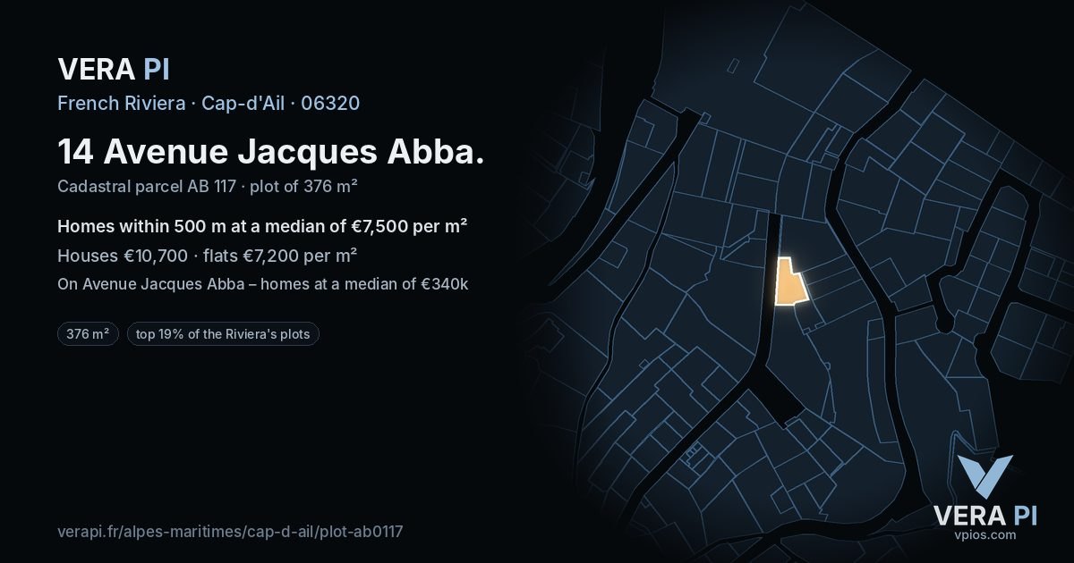 14 Avenue Jacques Abba, Cap-d'Ail at night – the plot lit, the parcels around coloured by the prices near them