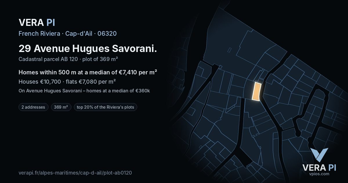 29 Avenue Hugues Savorani, Cap-d'Ail at night – the plot lit, the parcels around coloured by the prices near them