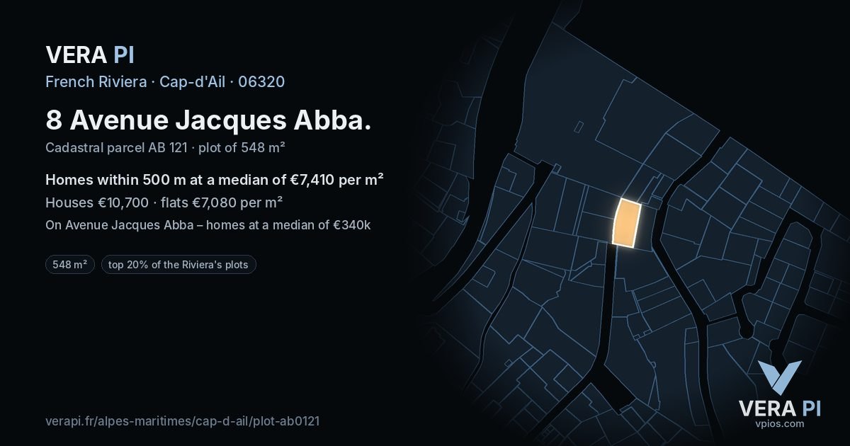 8 Avenue Jacques Abba, Cap-d'Ail at night – the plot lit, the parcels around coloured by the prices near them