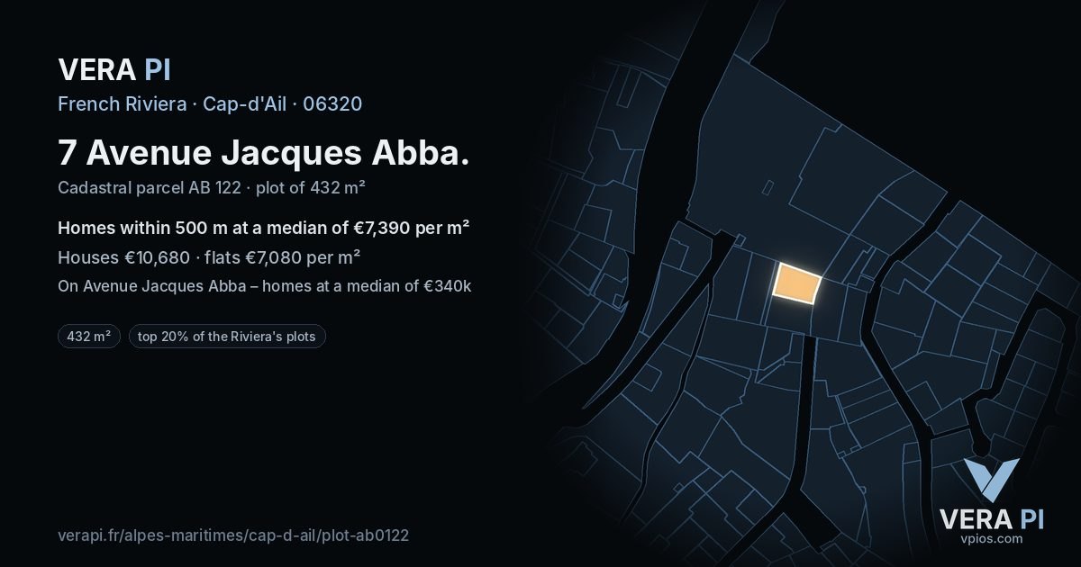 7 Avenue Jacques Abba, Cap-d'Ail at night – the plot lit, the parcels around coloured by the prices near them