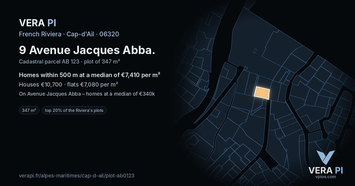 9 Avenue Jacques Abba, Cap-d'Ail at night – the plot lit, the parcels around coloured by the prices near them