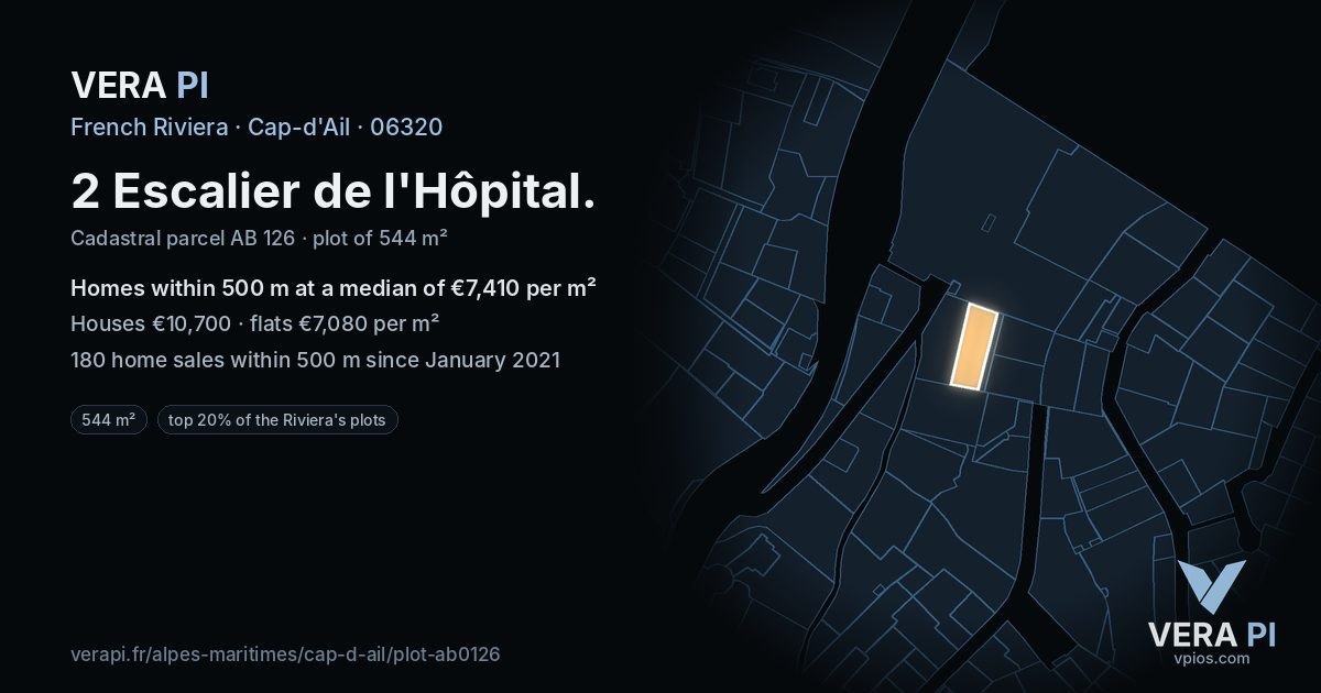 2 Escalier de l'Hôpital, Cap-d'Ail at night – the plot lit, the parcels around coloured by the prices near them