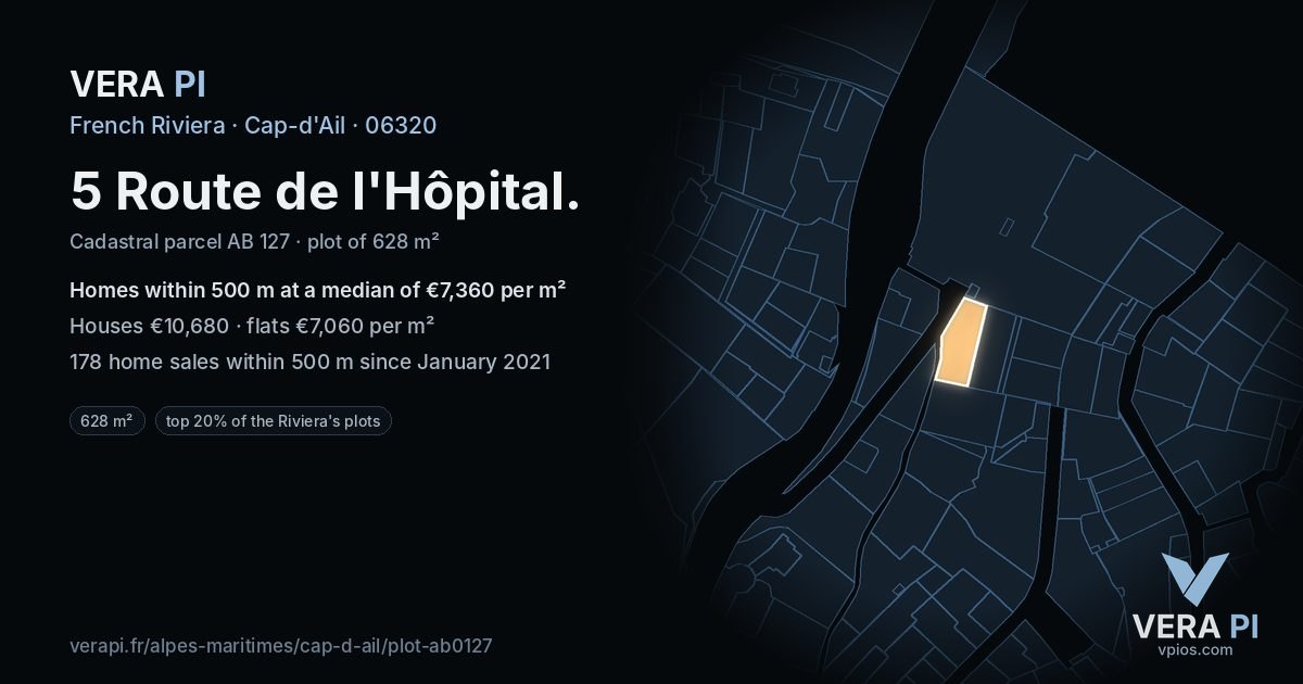 5 Route de l'Hôpital, Cap-d'Ail at night – the plot lit, the parcels around coloured by the prices near them