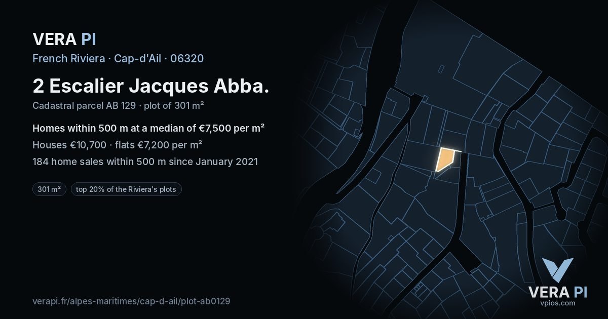 2 Escalier Jacques Abba, Cap-d'Ail at night – the plot lit, the parcels around coloured by the prices near them