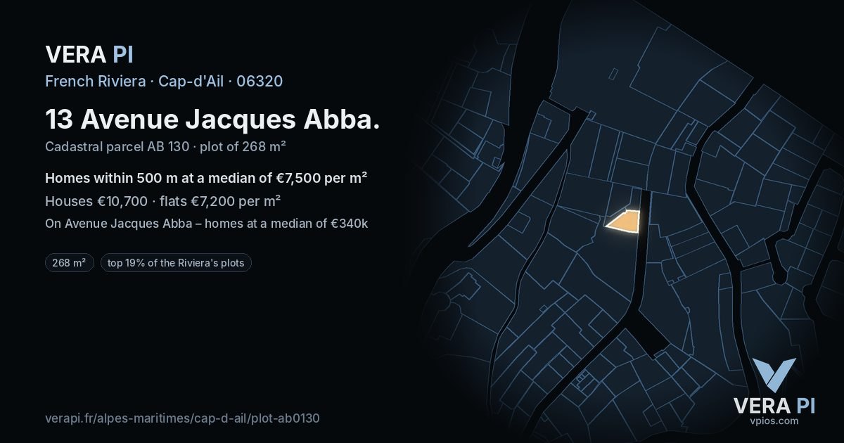 13 Avenue Jacques Abba, Cap-d'Ail at night – the plot lit, the parcels around coloured by the prices near them