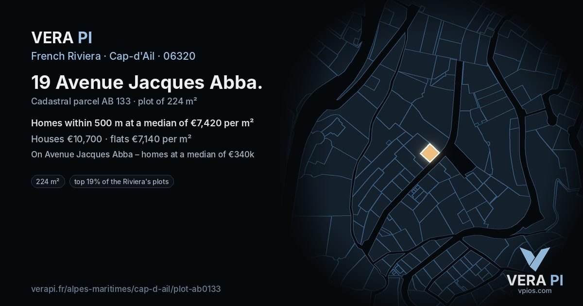 19 Avenue Jacques Abba, Cap-d'Ail at night – the plot lit, the parcels around coloured by the prices near them