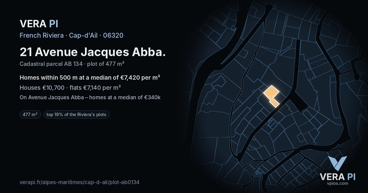21 Avenue Jacques Abba, Cap-d'Ail at night – the plot lit, the parcels around coloured by the prices near them