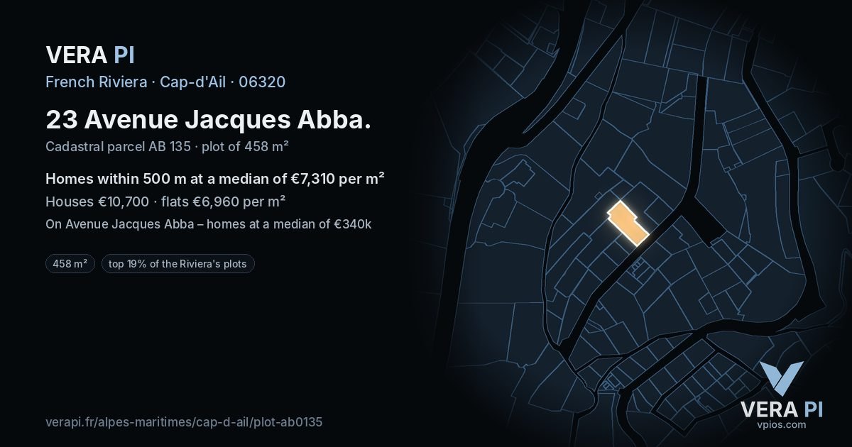 23 Avenue Jacques Abba, Cap-d'Ail at night – the plot lit, the parcels around coloured by the prices near them