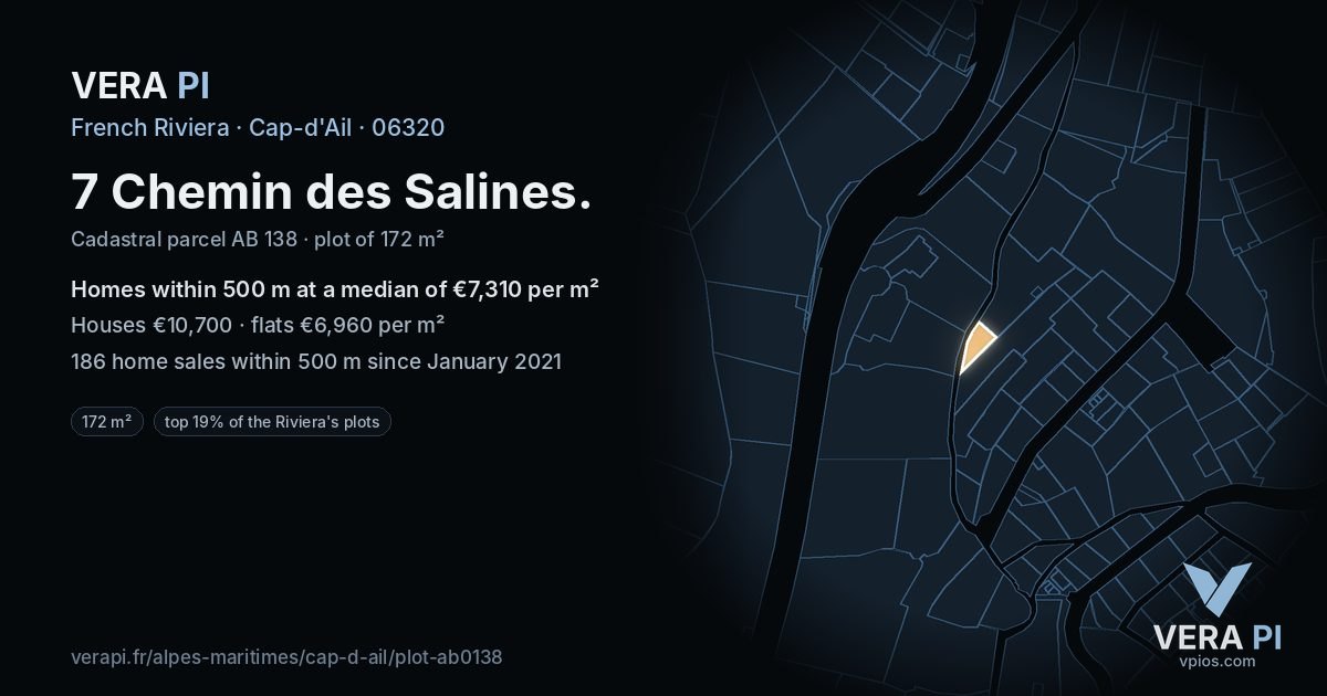 7 Chemin des Salines, Cap-d'Ail at night – the plot lit, the parcels around coloured by the prices near them