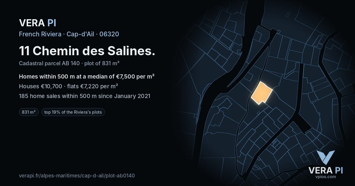 11 Chemin des Salines, Cap-d'Ail at night – the plot lit, the parcels around coloured by the prices near them