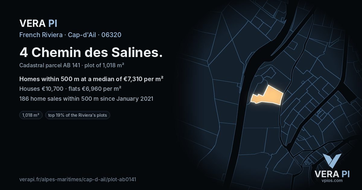 4 Chemin des Salines, Cap-d'Ail at night – the plot lit, the parcels around coloured by the prices near them