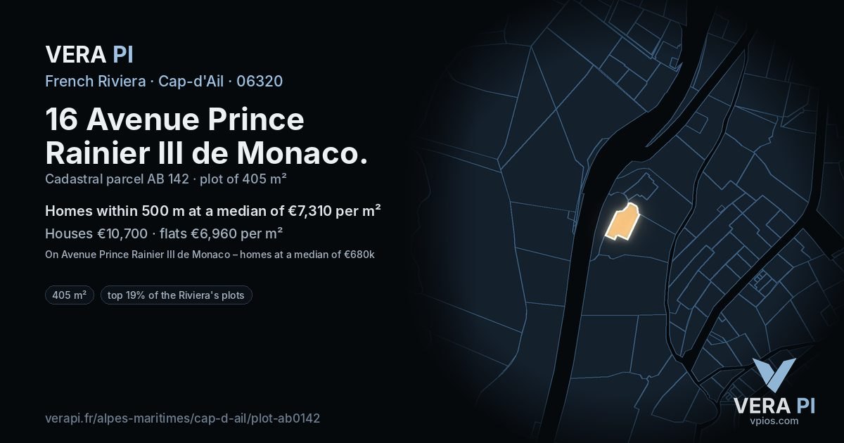 16 Avenue Prince Rainier III de Monaco, Cap-d'Ail at night – the plot lit, the parcels around coloured by the prices near them