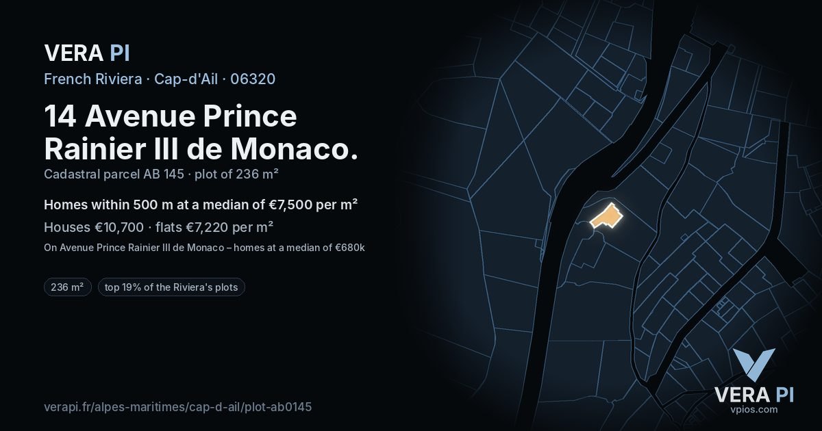 14 Avenue Prince Rainier III de Monaco, Cap-d'Ail at night – the plot lit, the parcels around coloured by the prices near them