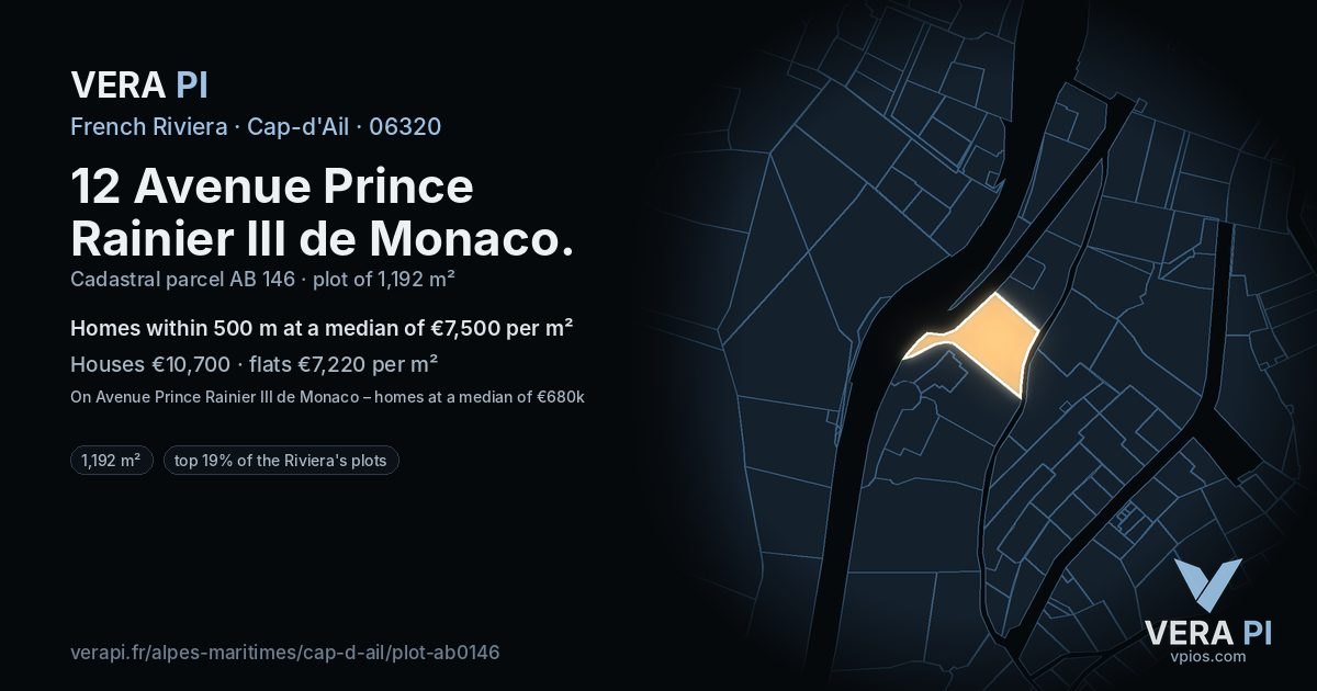 12 Avenue Prince Rainier III de Monaco, Cap-d'Ail at night – the plot lit, the parcels around coloured by the prices near them