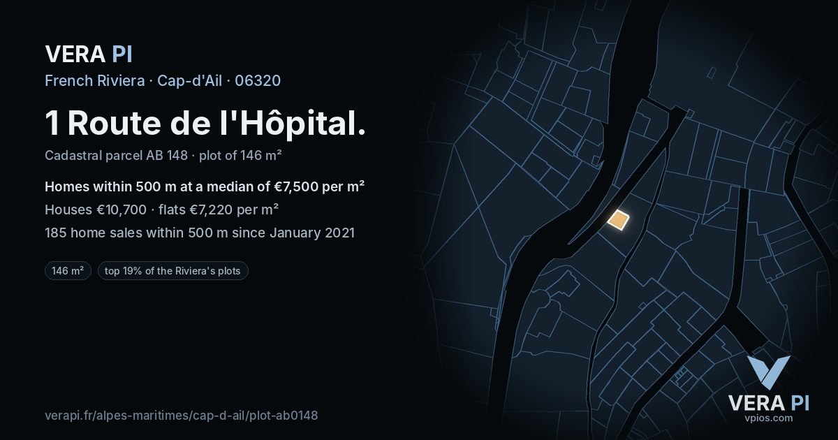 1 Route de l'Hôpital, Cap-d'Ail at night – the plot lit, the parcels around coloured by the prices near them