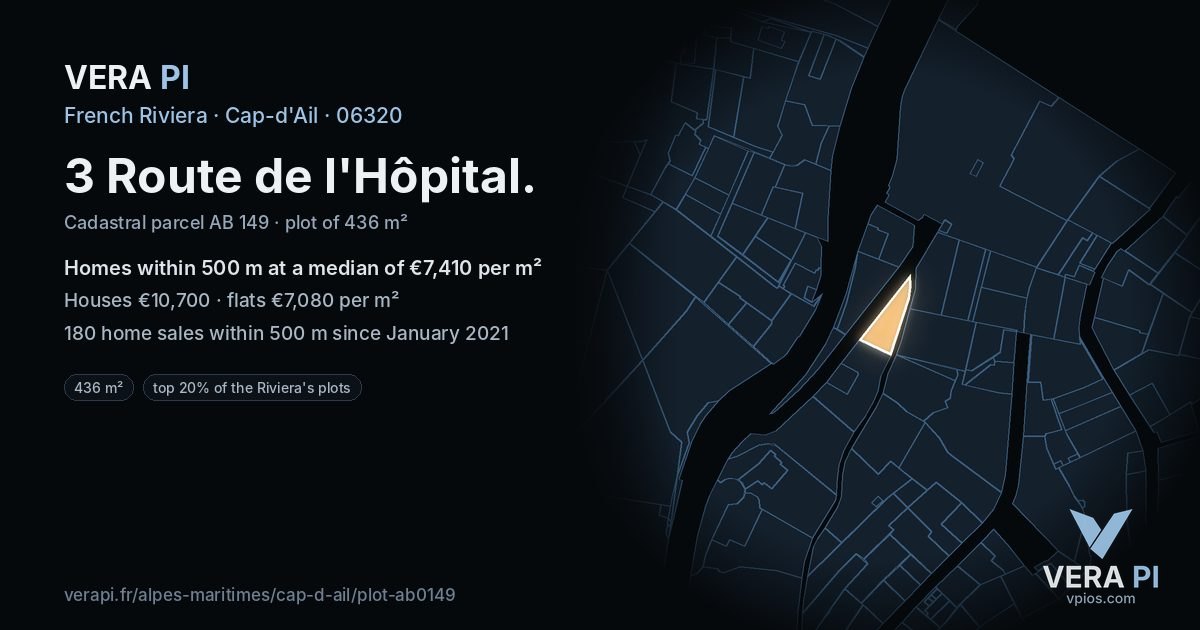 3 Route de l'Hôpital, Cap-d'Ail at night – the plot lit, the parcels around coloured by the prices near them