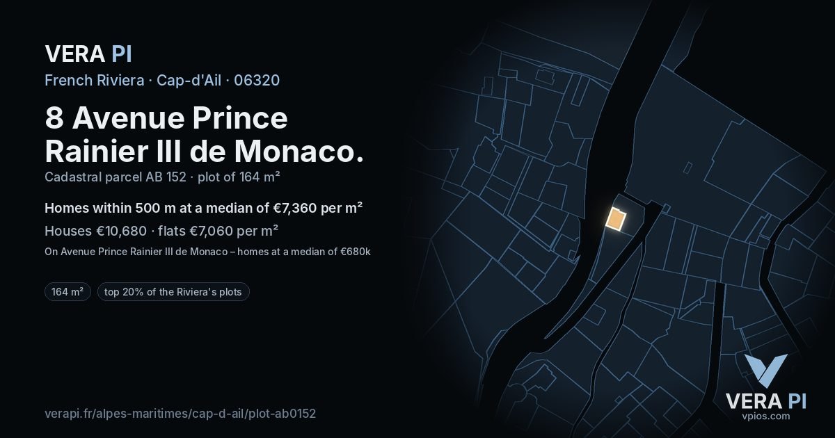 8 Avenue Prince Rainier III de Monaco, Cap-d'Ail at night – the plot lit, the parcels around coloured by the prices near them