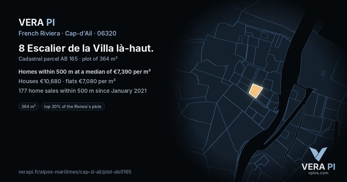 8 Escalier de la Villa là-haut, Cap-d'Ail at night – the plot lit, the parcels around coloured by the prices near them