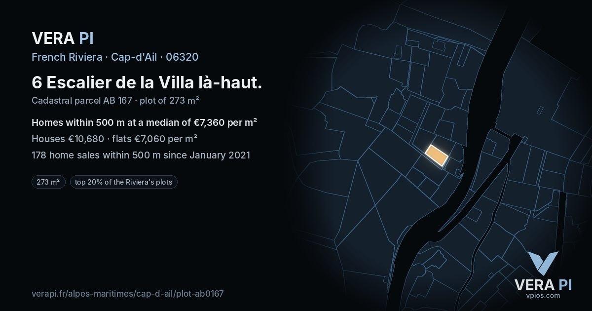 6 Escalier de la Villa là-haut, Cap-d'Ail at night – the plot lit, the parcels around coloured by the prices near them
