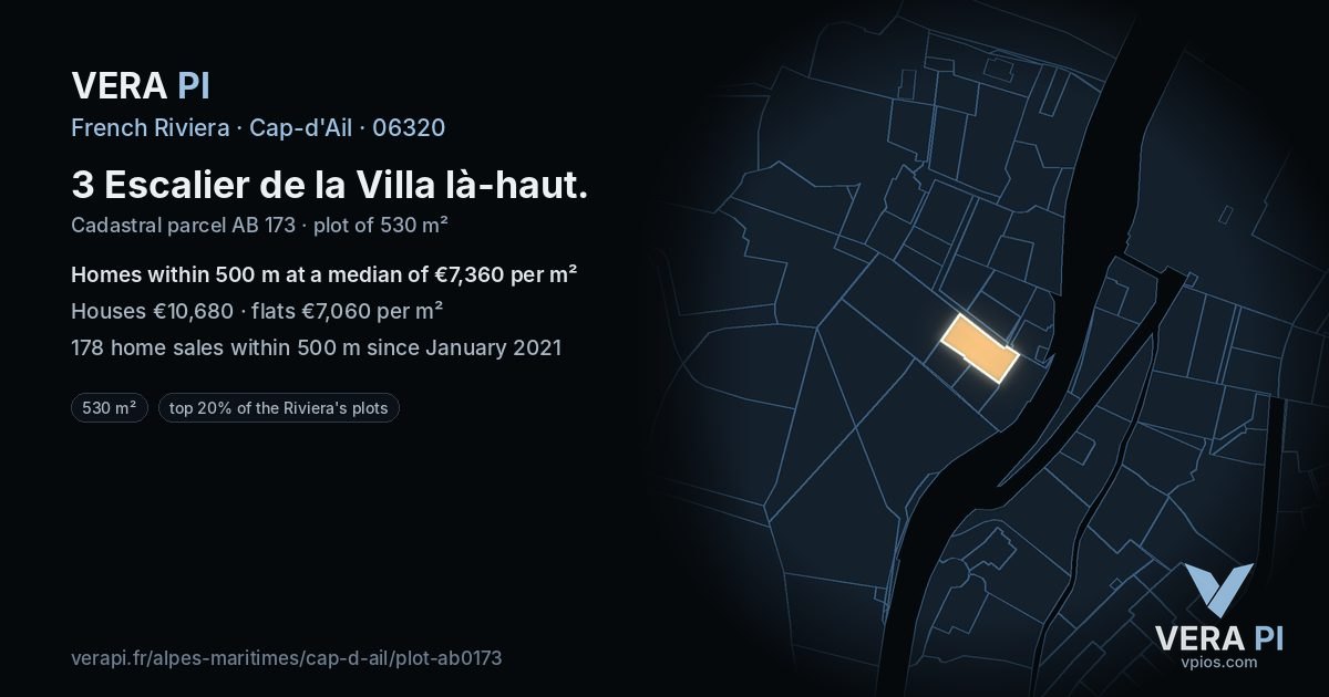 3 Escalier de la Villa là-haut, Cap-d'Ail at night – the plot lit, the parcels around coloured by the prices near them