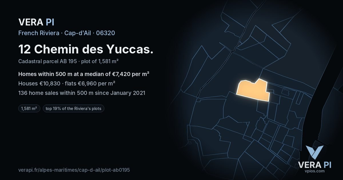 12 Chemin des Yuccas, Cap-d'Ail at night – the plot lit, the parcels around coloured by the prices near them