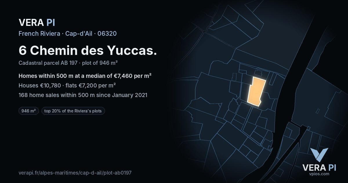 6 Chemin des Yuccas, Cap-d'Ail at night – the plot lit, the parcels around coloured by the prices near them
