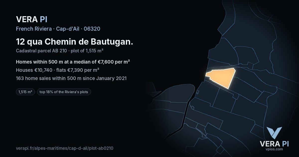 12 qua Chemin de Bautugan, Cap-d'Ail at night – the plot lit, the parcels around coloured by the prices near them