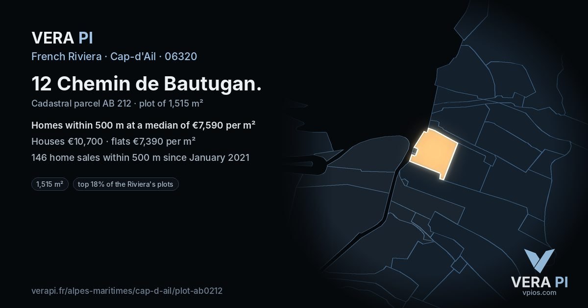 12 Chemin de Bautugan, Cap-d'Ail at night – the plot lit, the parcels around coloured by the prices near them