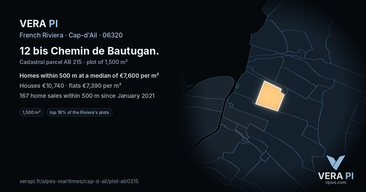 12 bis Chemin de Bautugan, Cap-d'Ail at night – the plot lit, the parcels around coloured by the prices near them