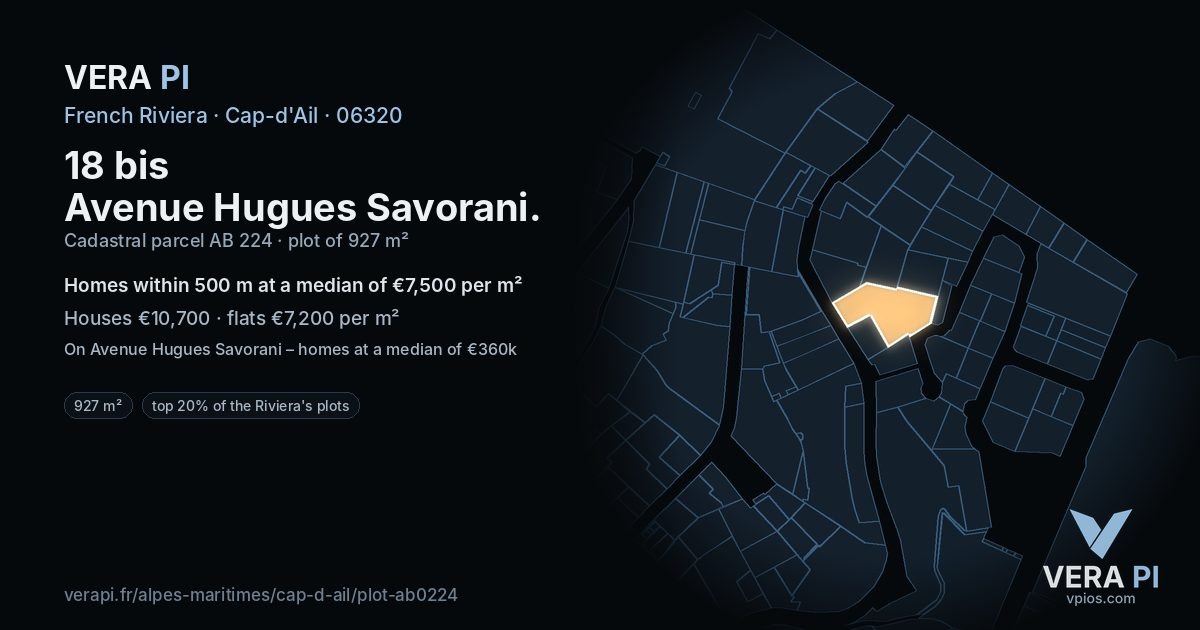 18 bis Avenue Hugues Savorani, Cap-d'Ail at night – the plot lit, the parcels around coloured by the prices near them