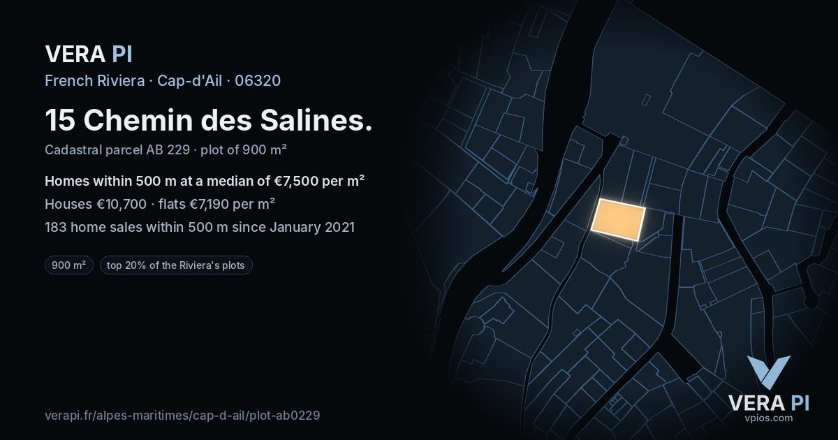 15 Chemin des Salines, Cap-d'Ail at night – the plot lit, the parcels around coloured by the prices near them