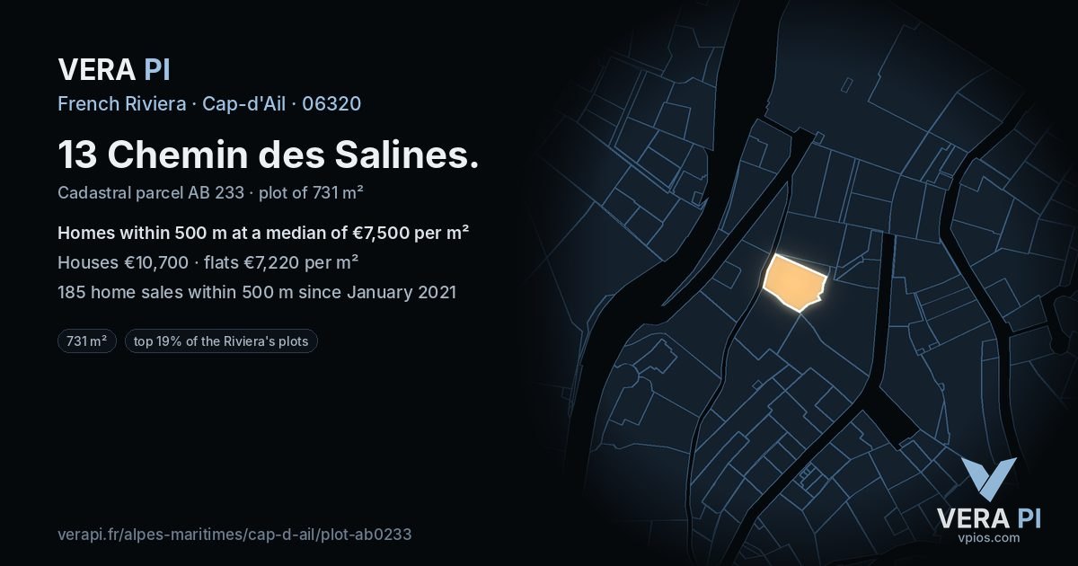 13 Chemin des Salines, Cap-d'Ail at night – the plot lit, the parcels around coloured by the prices near them