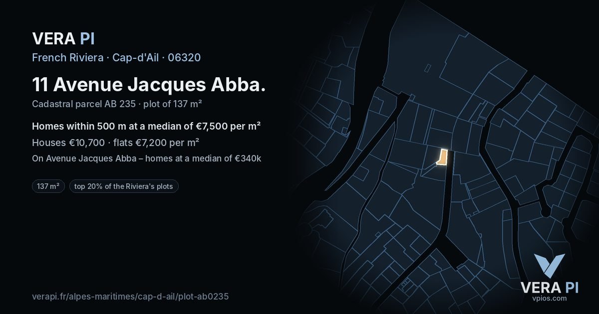 11 Avenue Jacques Abba, Cap-d'Ail at night – the plot lit, the parcels around coloured by the prices near them