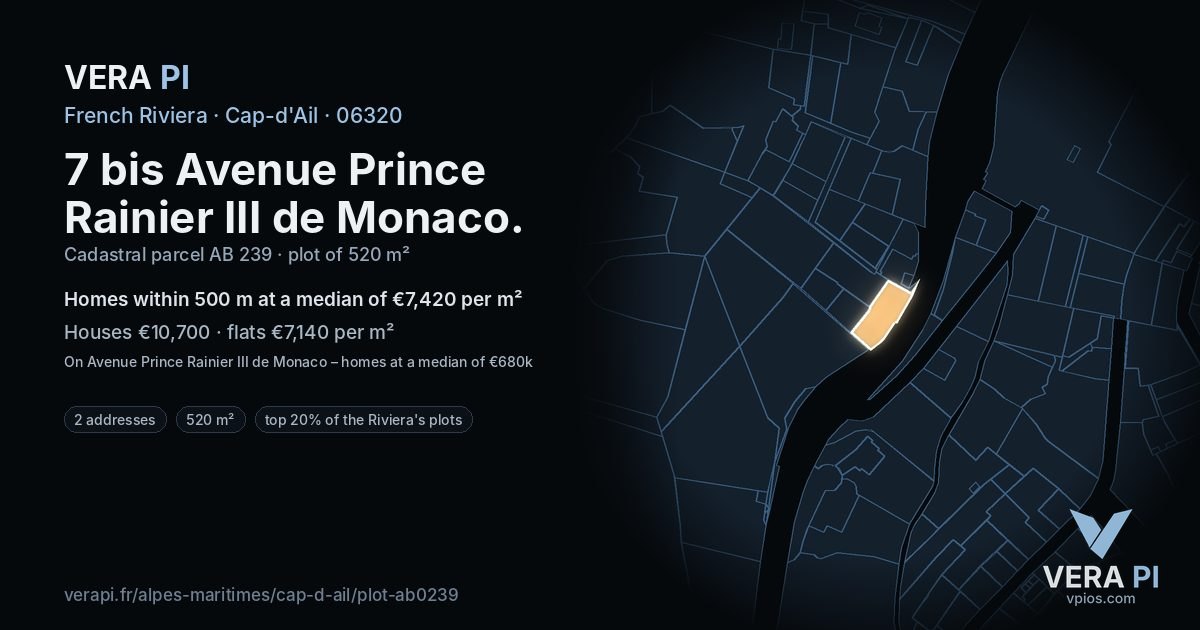 7 bis Avenue Prince Rainier III de Monaco, Cap-d'Ail at night – the plot lit, the parcels around coloured by the prices near them