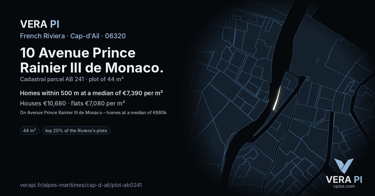 10 Avenue Prince Rainier III de Monaco, Cap-d'Ail at night – the plot lit, the parcels around coloured by the prices near them