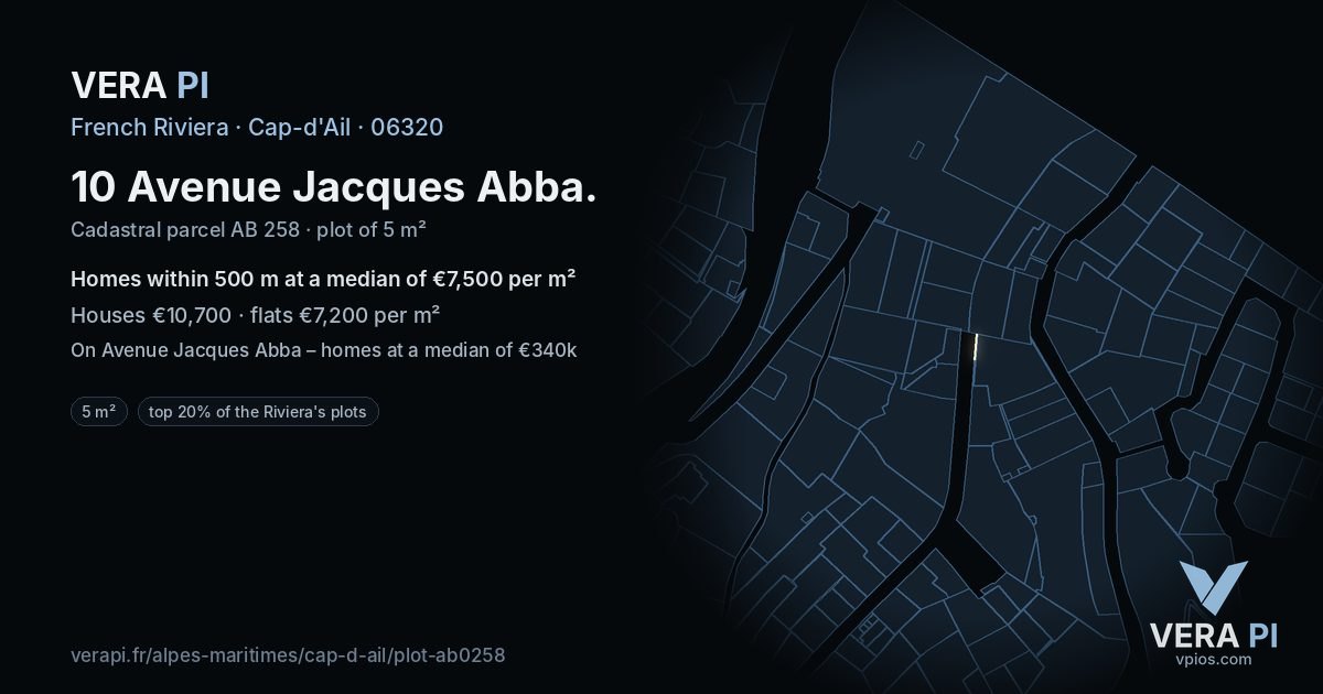 10 Avenue Jacques Abba, Cap-d'Ail at night – the plot lit, the parcels around coloured by the prices near them