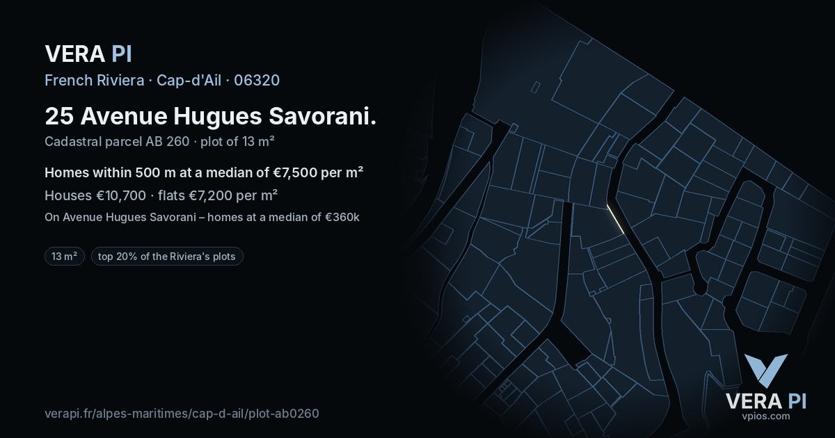 25 Avenue Hugues Savorani, Cap-d'Ail at night – the plot lit, the parcels around coloured by the prices near them