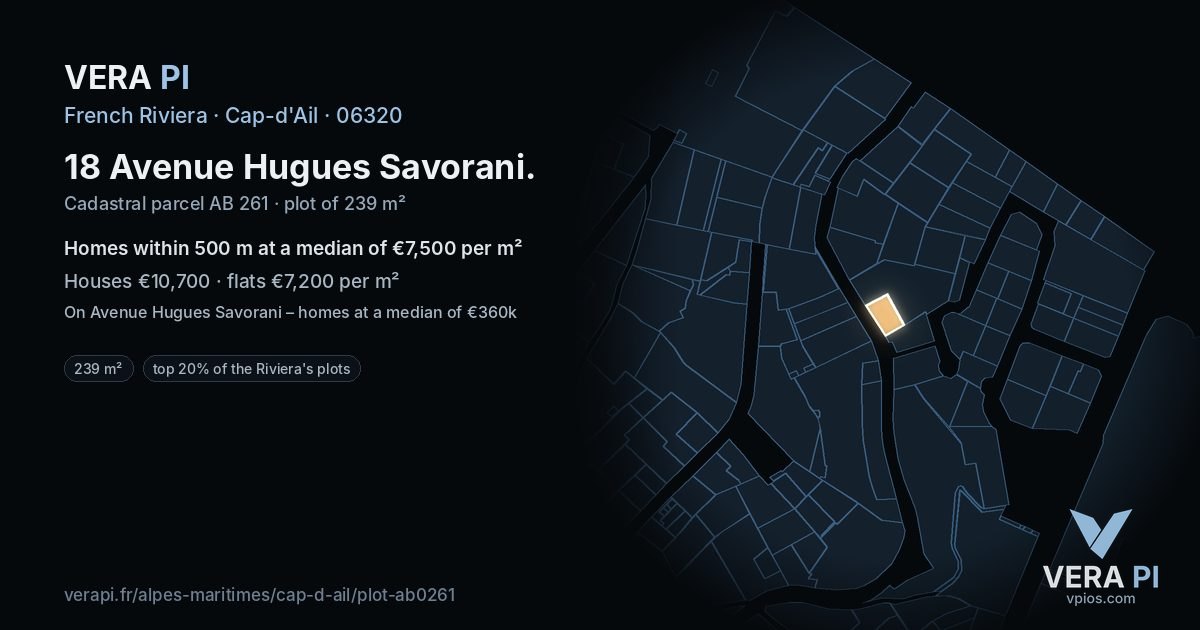 18 Avenue Hugues Savorani, Cap-d'Ail at night – the plot lit, the parcels around coloured by the prices near them